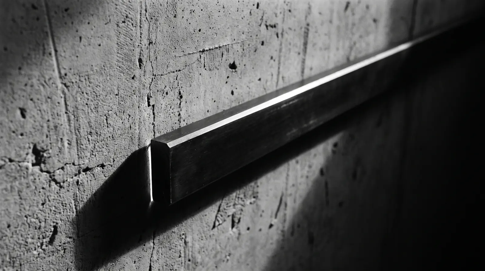 A machined steel straight edge laid against a concrete wall, with a thin line of light escaping beneath it where the surface is out of true.